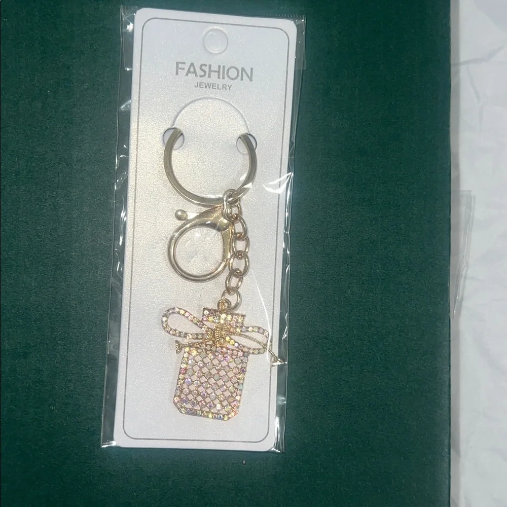Gold tone Gift Bag Keychain with multi-color rhinestones